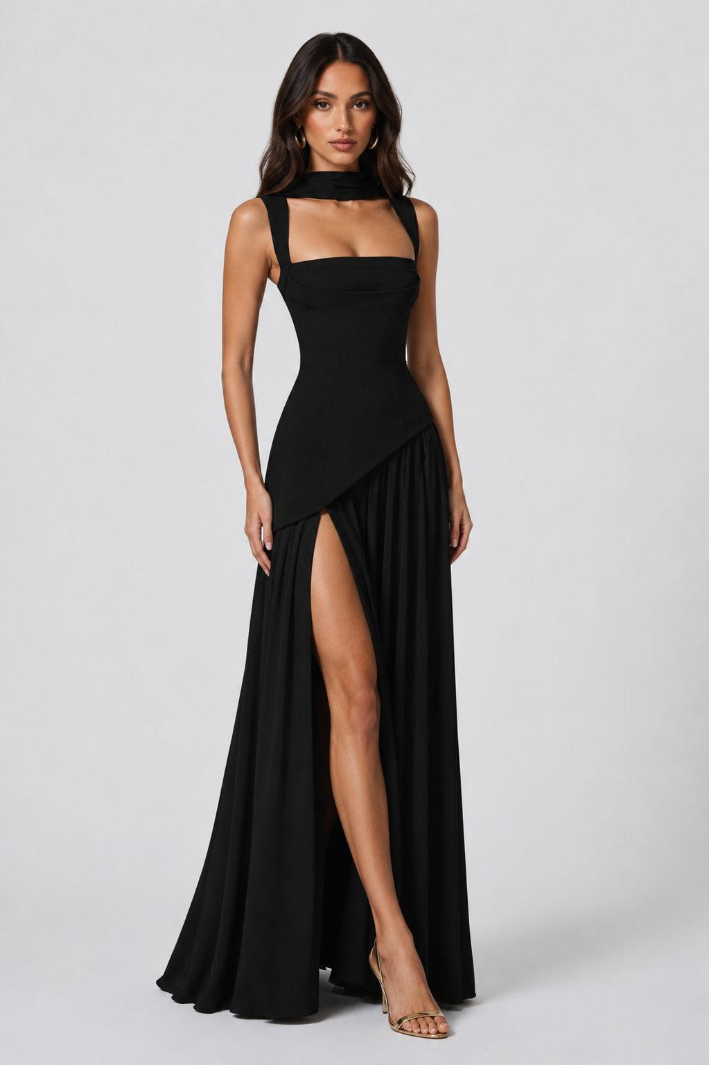 Women's Choker Neck Maxi Dress with Side Split and Corset Back - Maisie London