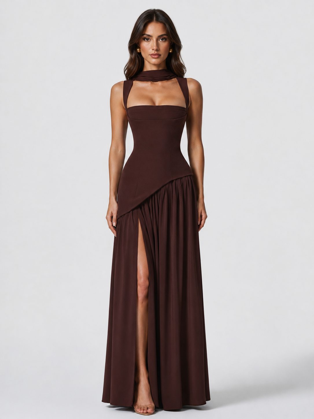 Women's Choker Neck Maxi Dress with Side Split and Corset Back - Maisie London