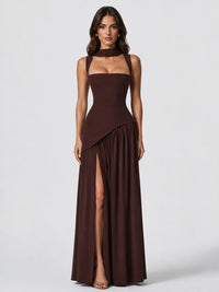 Women's Choker Neck Maxi Dress with Side Split and Corset Back - Maisie London