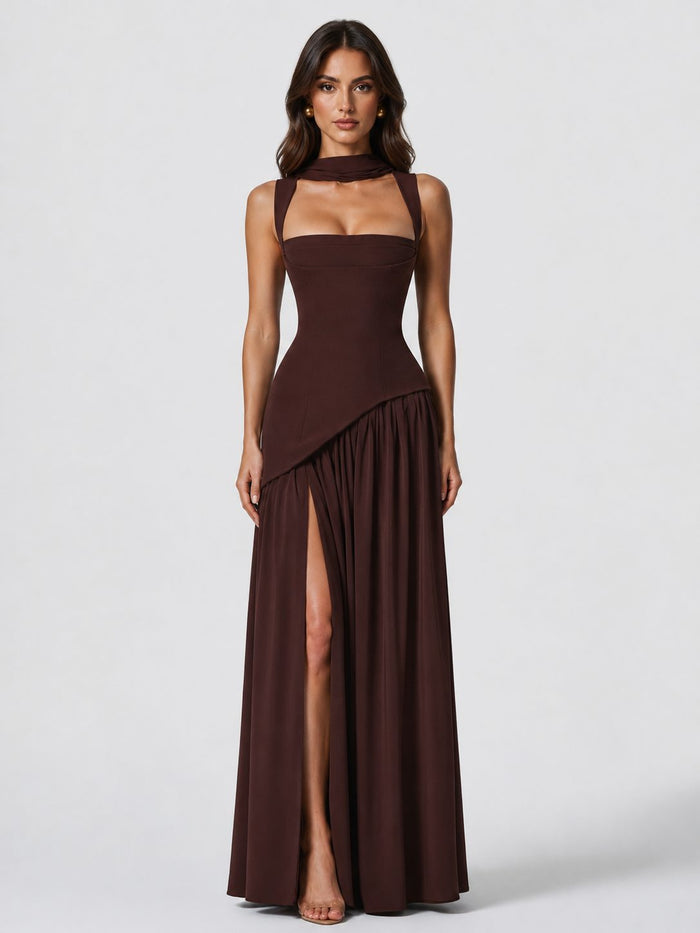 Women's Choker Neck Maxi Dress with Side Split and Corset Back - Maisie London