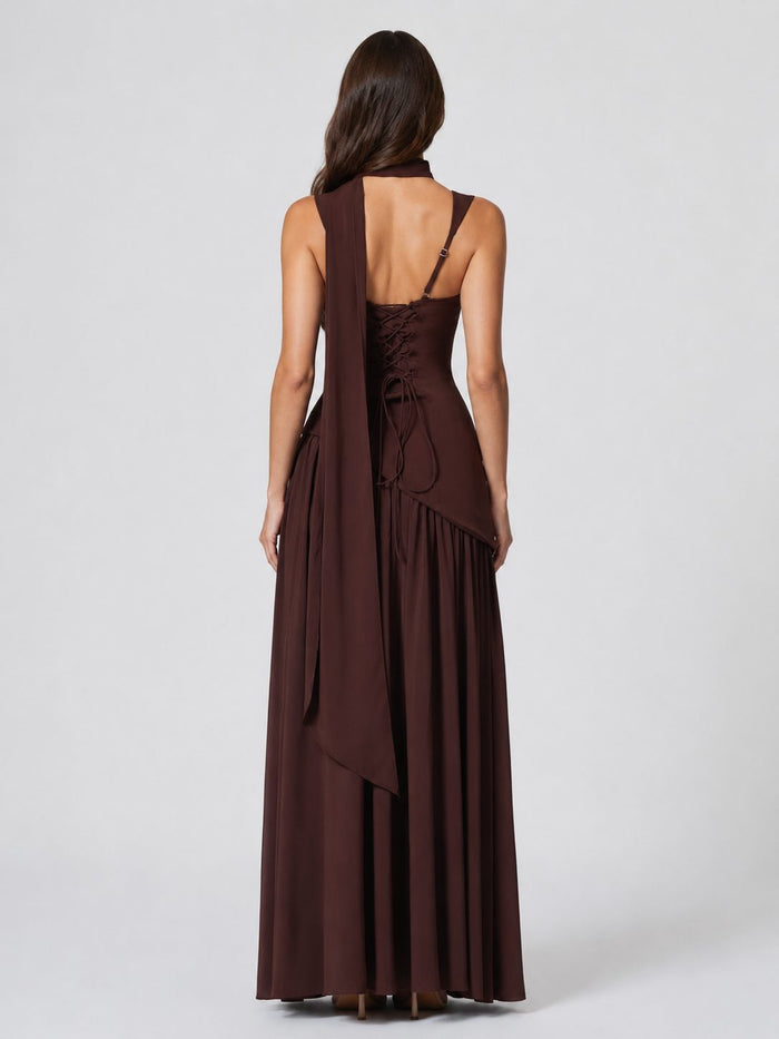 Women's Choker Neck Maxi Dress with Side Split and Corset Back - Maisie London