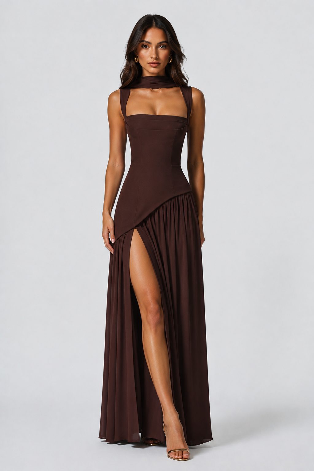 Women's Choker Neck Maxi Dress with Side Split and Corset Back - Maisie London