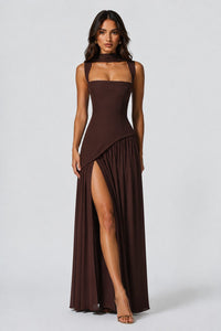 Women's Choker Neck Maxi Dress with Side Split and Corset Back - Maisie London