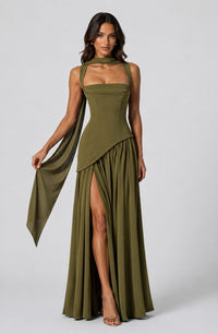 Women's Choker Neck Maxi Dress with Side Split and Corset Back - Maisie London