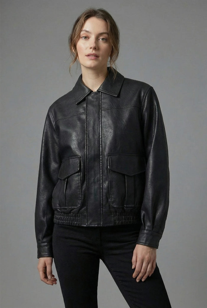 Women's Faux Leather Bomber Jacket with Flap Pockets and Collar - Maisie London
