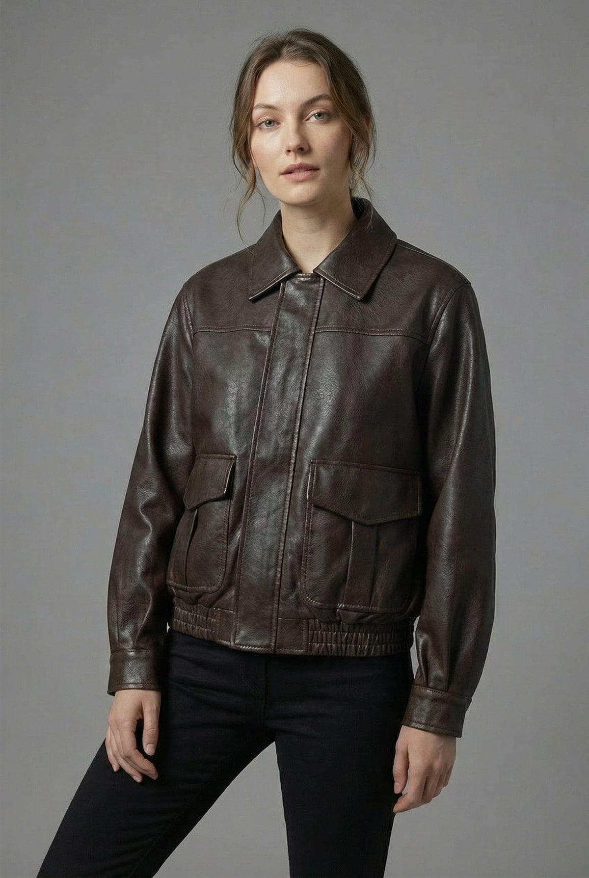 Women's Faux Leather Bomber Jacket with Flap Pockets and Collar - Maisie London