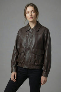 Women's Faux Leather Bomber Jacket with Flap Pockets and Collar - Maisie London