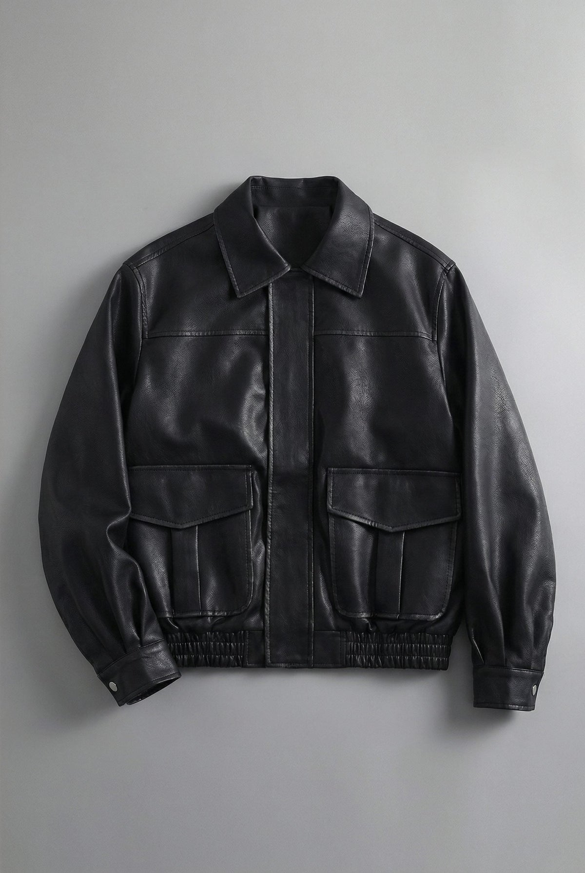 Women's Faux Leather Bomber Jacket with Flap Pockets and Collar - Maisie London