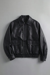 Women's Faux Leather Bomber Jacket with Flap Pockets and Collar - Maisie London