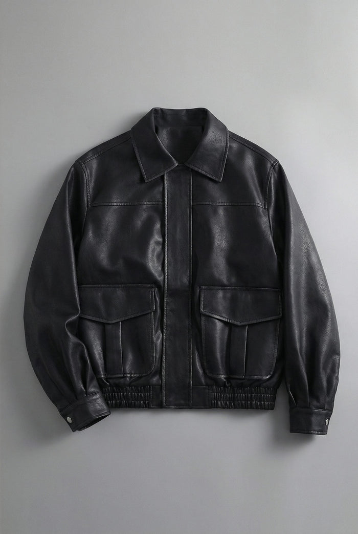 Women's Faux Leather Bomber Jacket with Flap Pockets and Collar - Maisie London