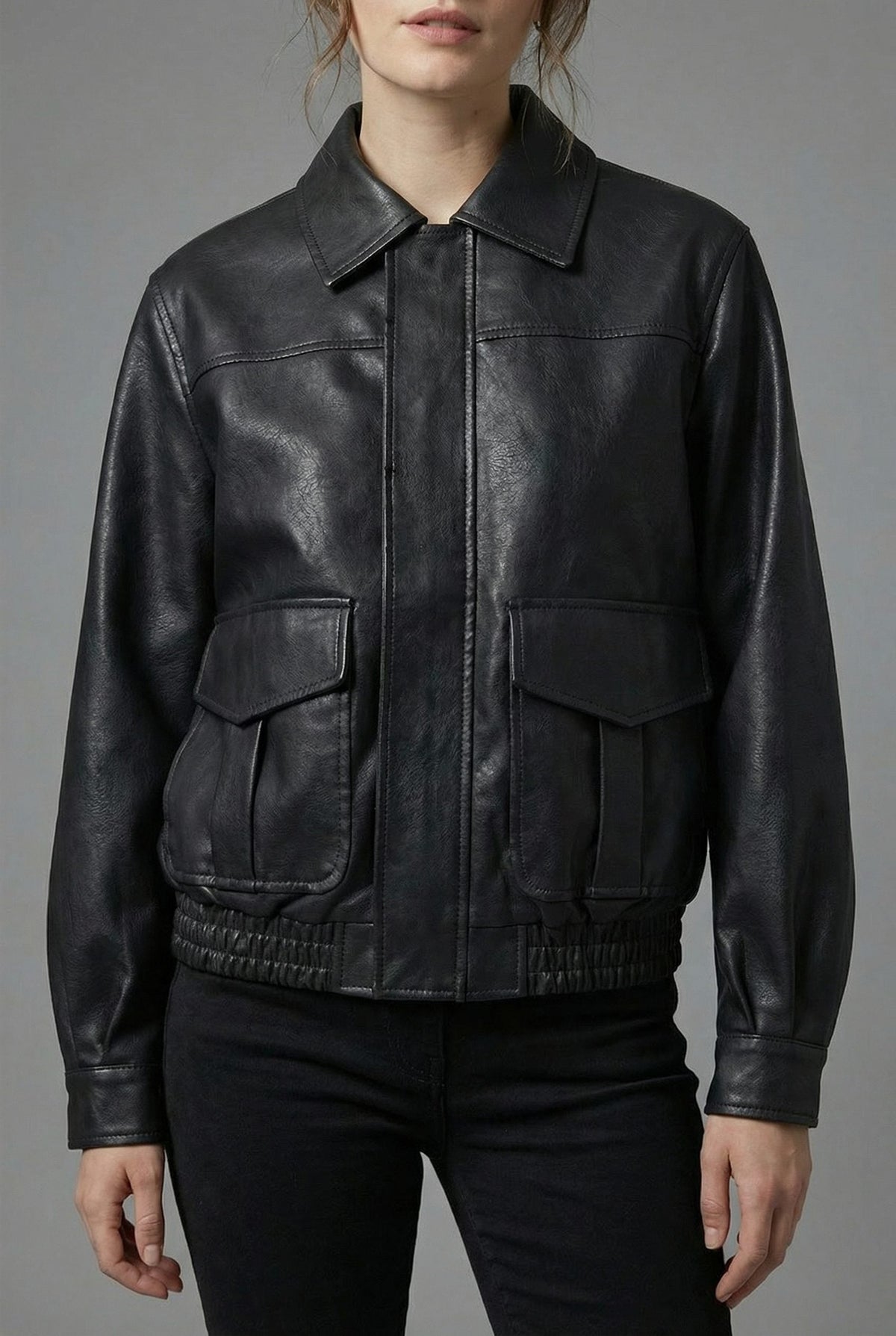 Women's Faux Leather Bomber Jacket with Flap Pockets and Collar - Maisie London
