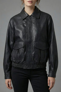 Women's Faux Leather Bomber Jacket with Flap Pockets and Collar - Maisie London