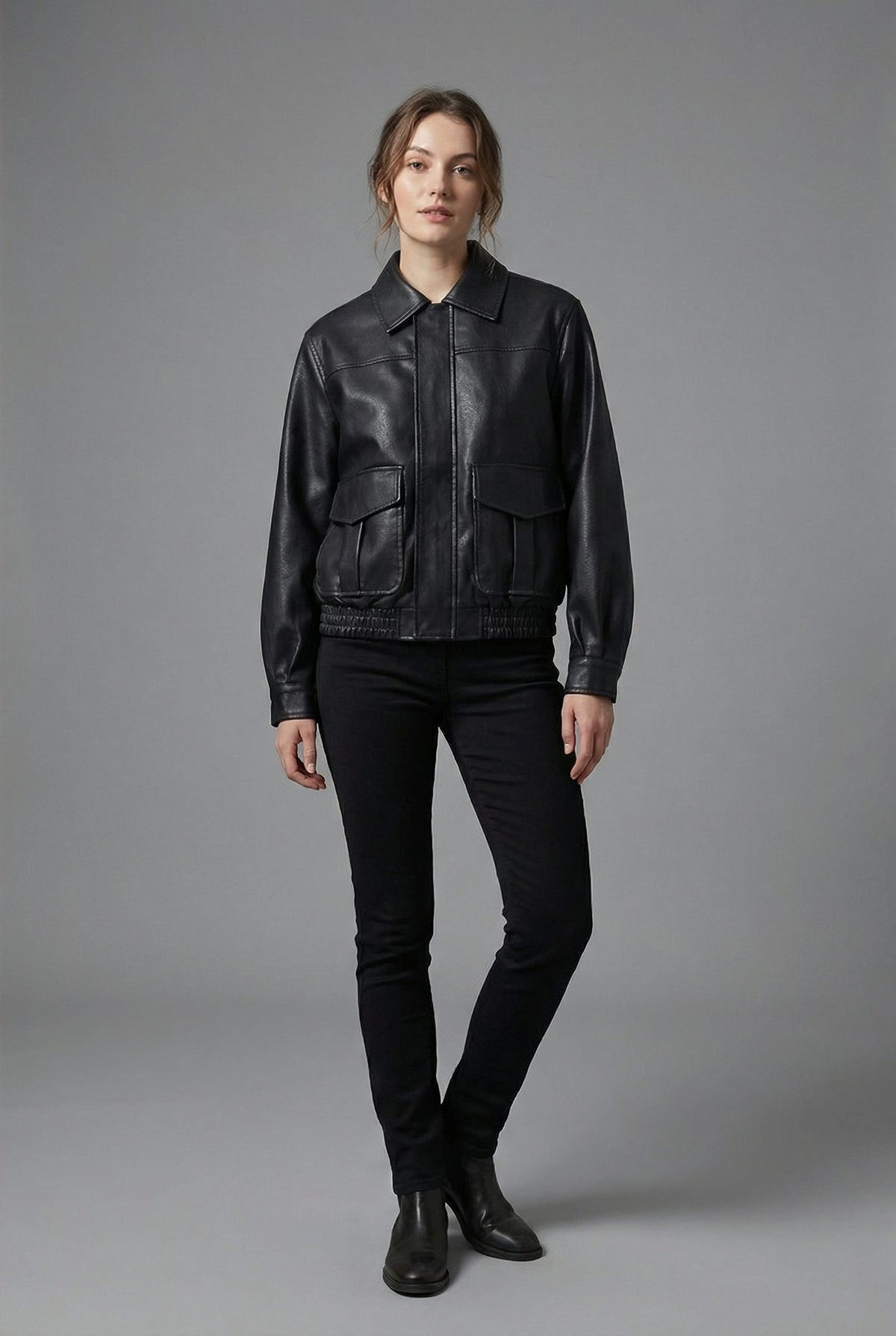 Women's Faux Leather Bomber Jacket with Flap Pockets and Collar - Maisie London