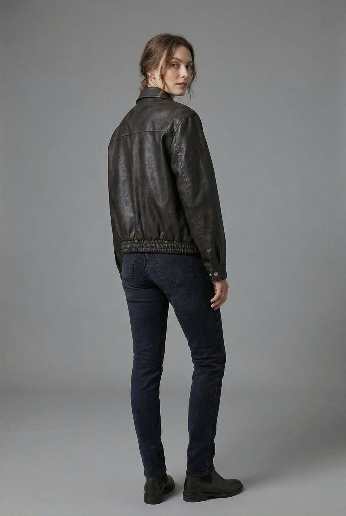 Women's Faux Leather Bomber Jacket with Flap Pockets and Collar - Maisie London