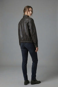 Women's Faux Leather Bomber Jacket with Flap Pockets and Collar - Maisie London