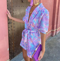 Women's Printed Wrap-Front Playsuit with Puff Sleeves and Tie Belt - Maisie London