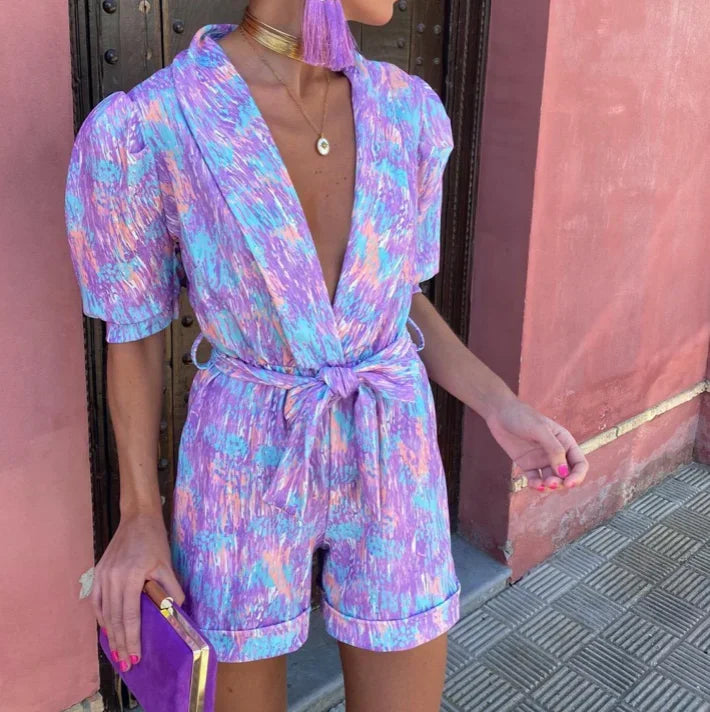 Women's Printed Wrap-Front Playsuit with Puff Sleeves and Tie Belt - Maisie London