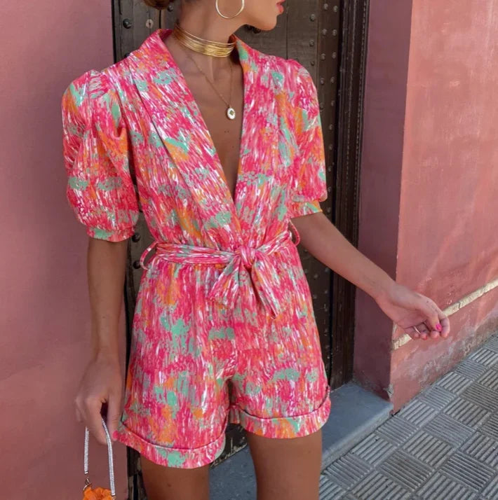Women's Printed Wrap-Front Playsuit with Puff Sleeves and Tie Belt - Maisie London