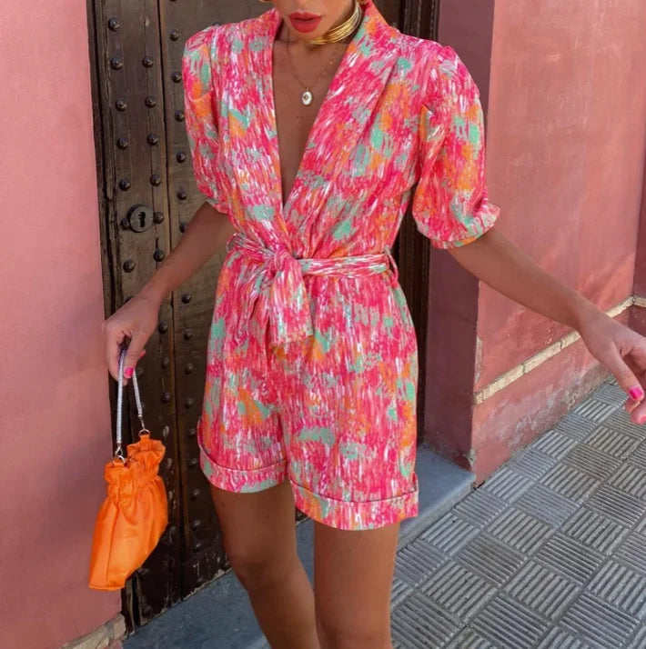 Women's Printed Wrap-Front Playsuit with Puff Sleeves and Tie Belt - Maisie London