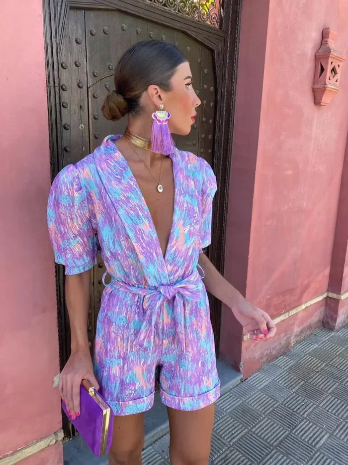 Women's Printed Wrap-Front Playsuit with Puff Sleeves and Tie Belt - Maisie London