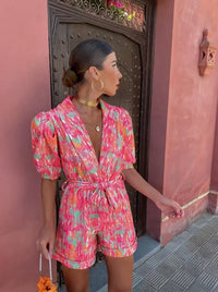 Women's Printed Wrap-Front Playsuit with Puff Sleeves and Tie Belt - Maisie London