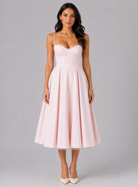 Women's Corset Midi Dress with Full Pleated Skirt and Lace Trim - Maisie London
