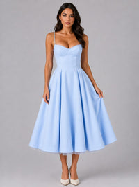 Women's Corset Midi Dress with Full Pleated Skirt and Lace Trim - Maisie London