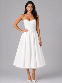 Women's Corset Midi Dress with Full Pleated Skirt and Lace Trim - Maisie London