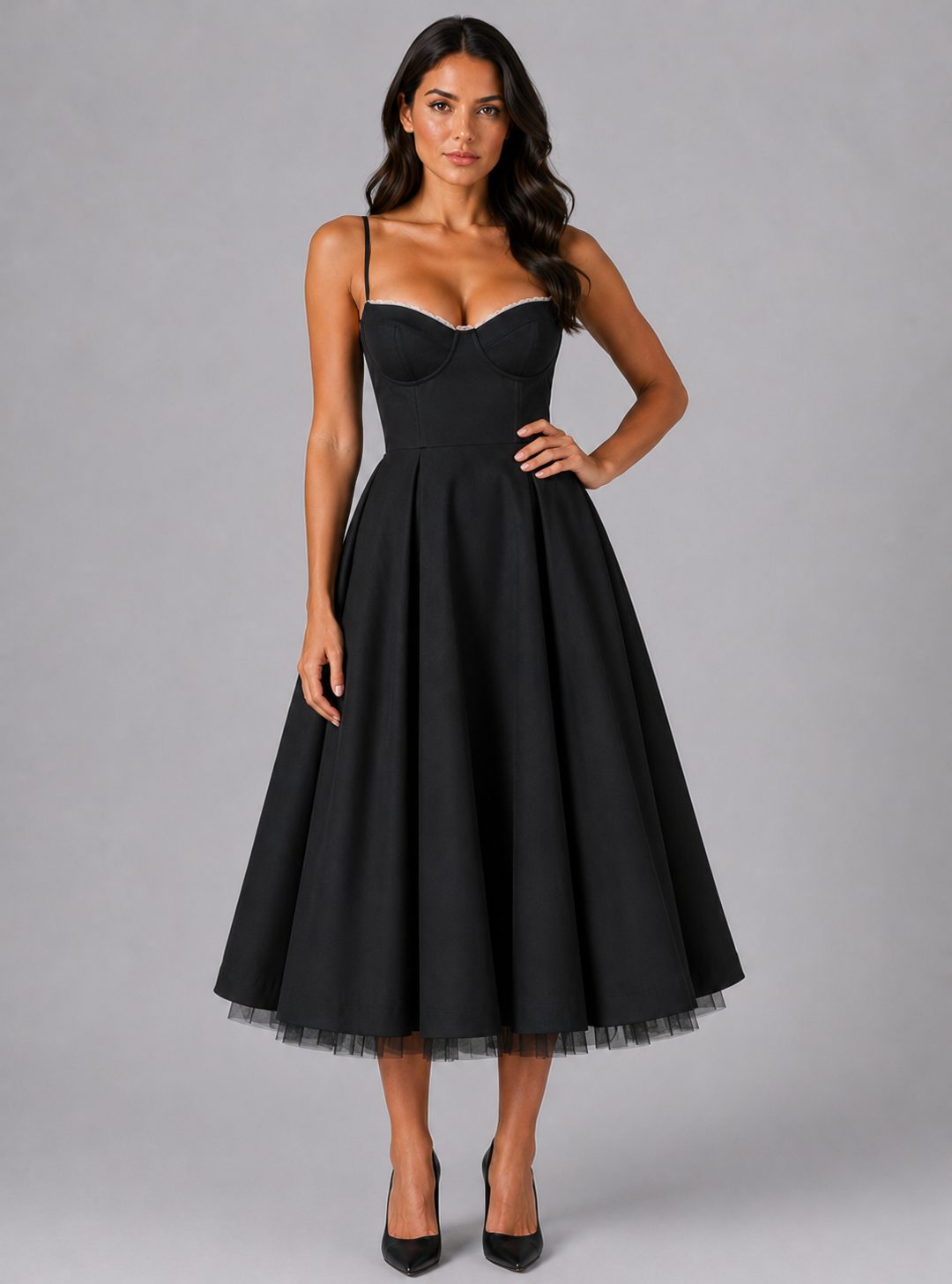 Women's Corset Midi Dress with Full Pleated Skirt and Lace Trim - Maisie London