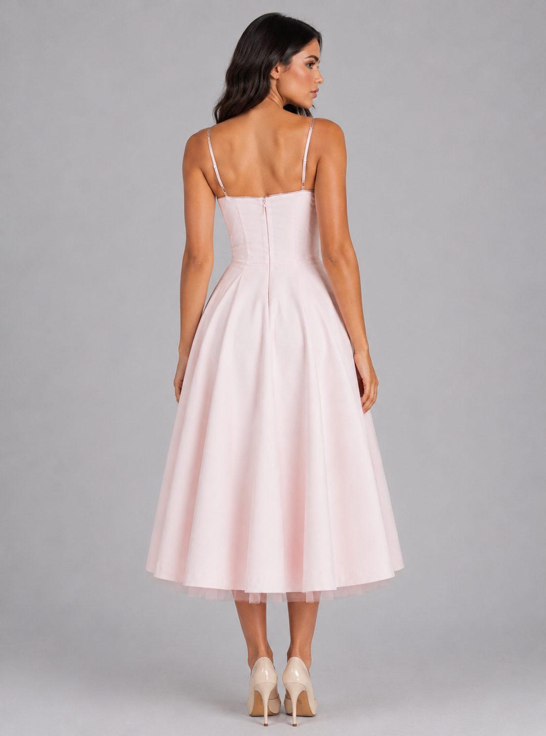 Women's Corset Midi Dress with Full Pleated Skirt and Lace Trim - Maisie London