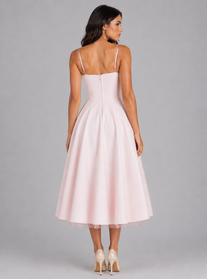 Women's Corset Midi Dress with Full Pleated Skirt and Lace Trim - Maisie London