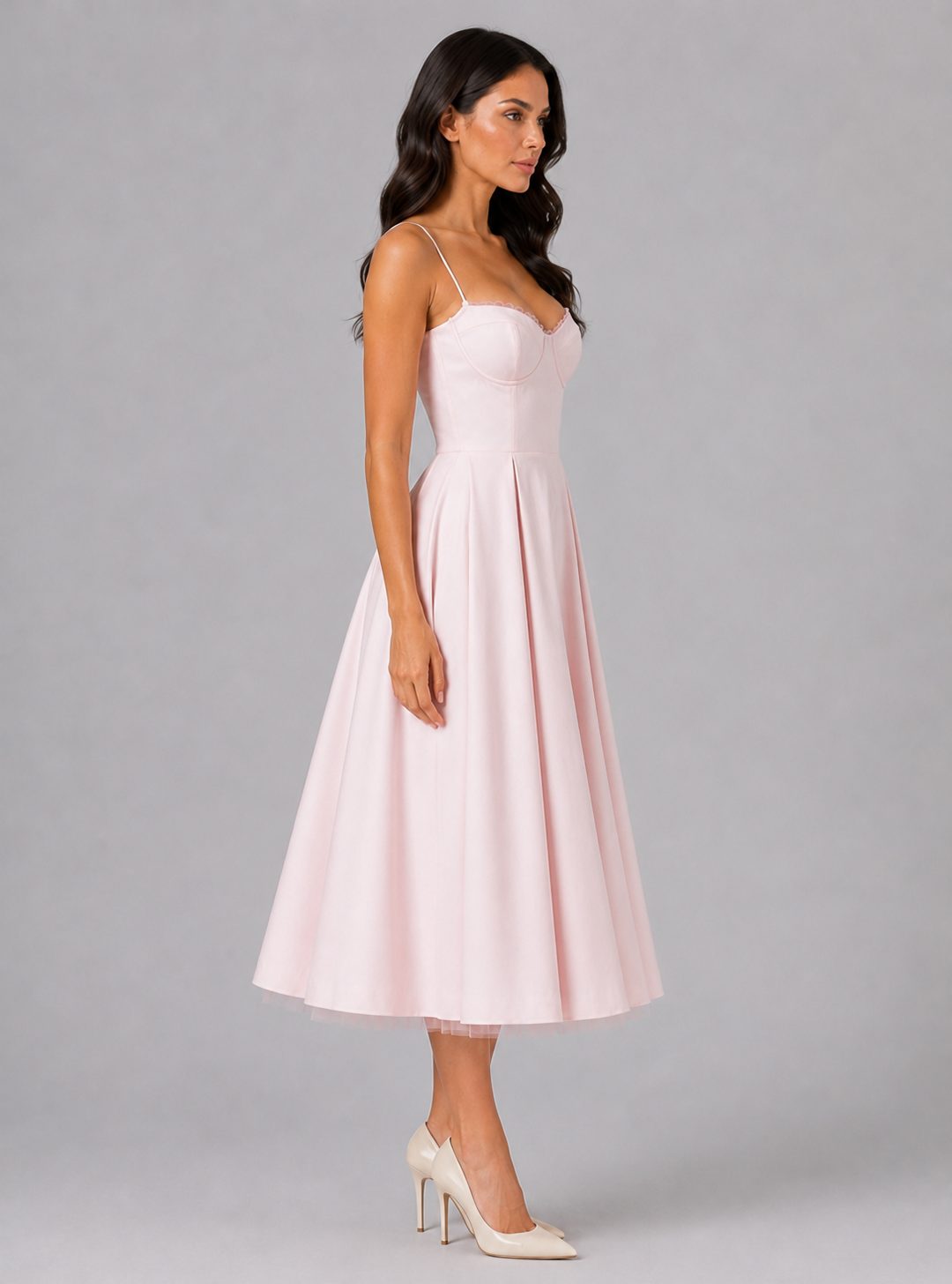 Women's Corset Midi Dress with Full Pleated Skirt and Lace Trim - Maisie London