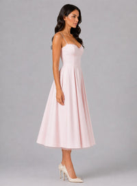 Women's Corset Midi Dress with Full Pleated Skirt and Lace Trim - Maisie London