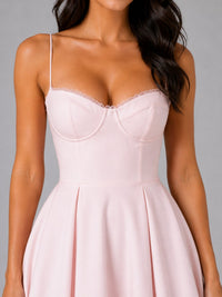 Women's Corset Midi Dress with Full Pleated Skirt and Lace Trim - Maisie London