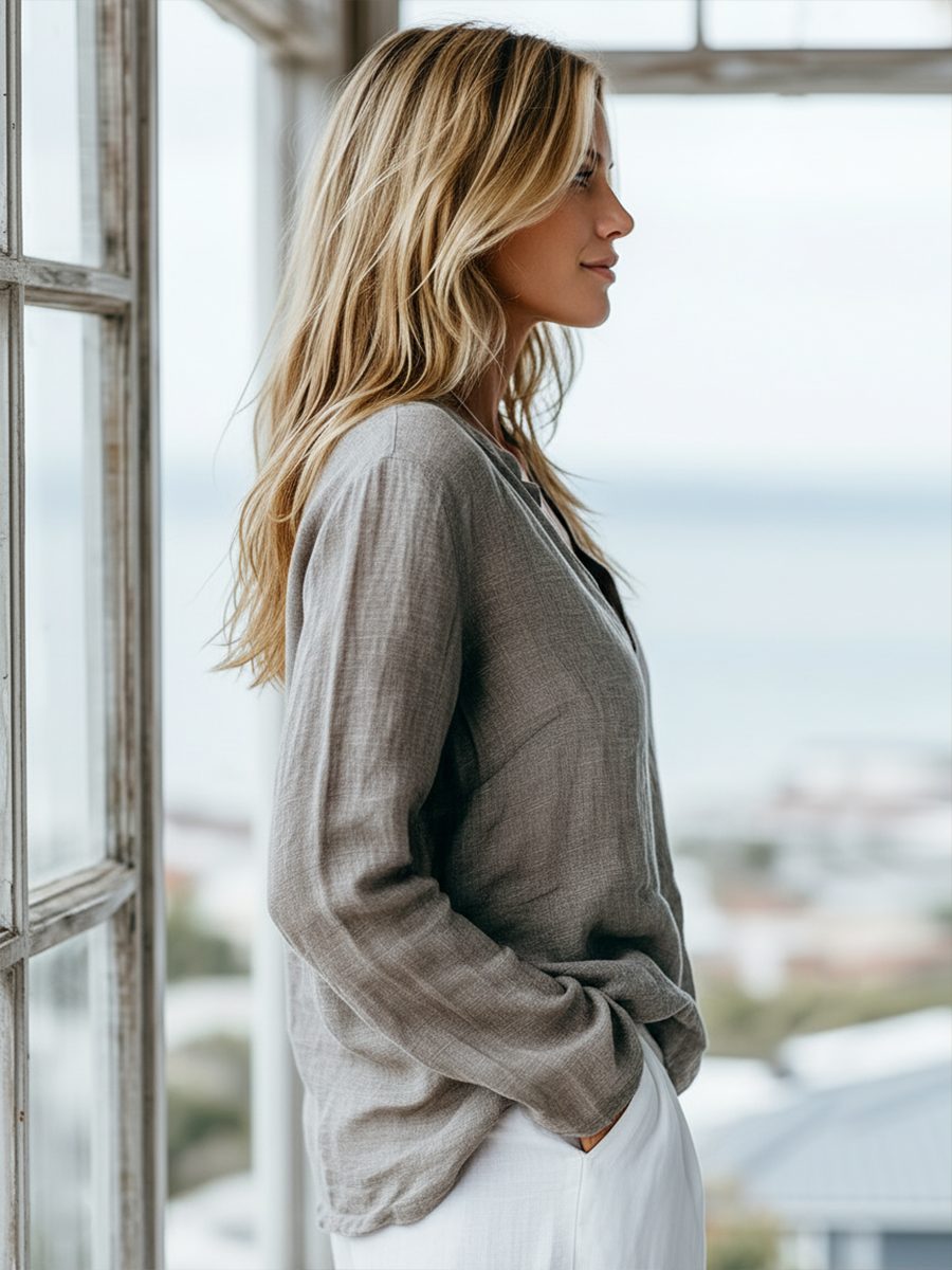 Women's Linen-Look Relaxed V-Neck Top with Long Sleeves and Placket - Maisie London