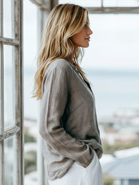 Women's Linen-Look Relaxed V-Neck Top with Long Sleeves and Placket - Maisie London