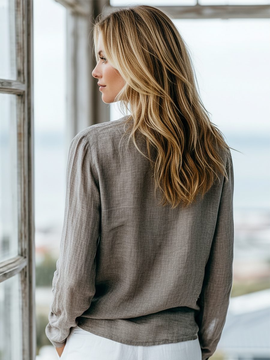 Women's Linen-Look Relaxed V-Neck Top with Long Sleeves and Placket - Maisie London