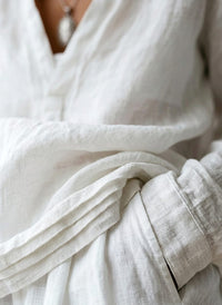Women's Linen-Look Relaxed V-Neck Top with Long Sleeves and Placket - Maisie London