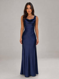 Women's Navy Satin Maxi Dress with Cowl Neck and Open Back - Maisie London
