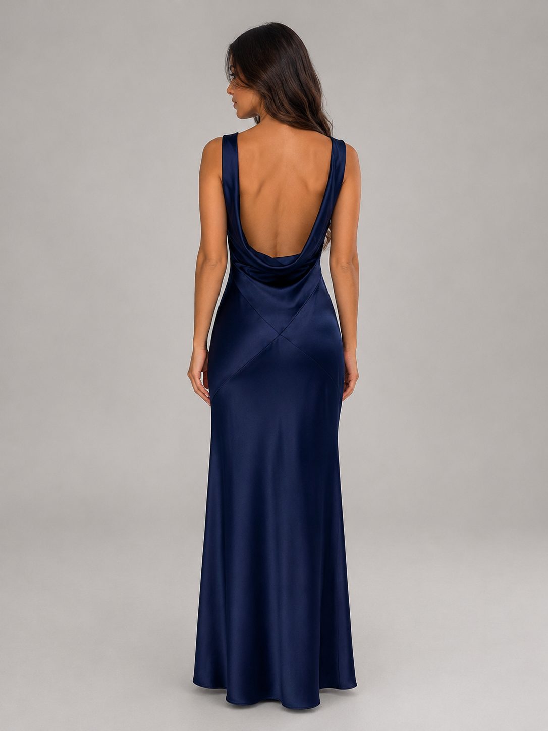 Women's Navy Satin Maxi Dress with Cowl Neck and Open Back - Maisie London