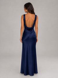 Women's Navy Satin Maxi Dress with Cowl Neck and Open Back - Maisie London