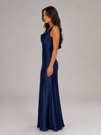 Women's Navy Satin Maxi Dress with Cowl Neck and Open Back - Maisie London