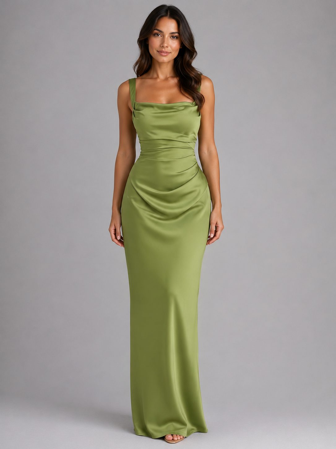 Women's Satin Cowl-Neck Maxi Dress with Ruching and Lace-Up Back - Maisie London