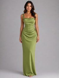 Women's Satin Cowl-Neck Maxi Dress with Ruching and Lace-Up Back - Maisie London