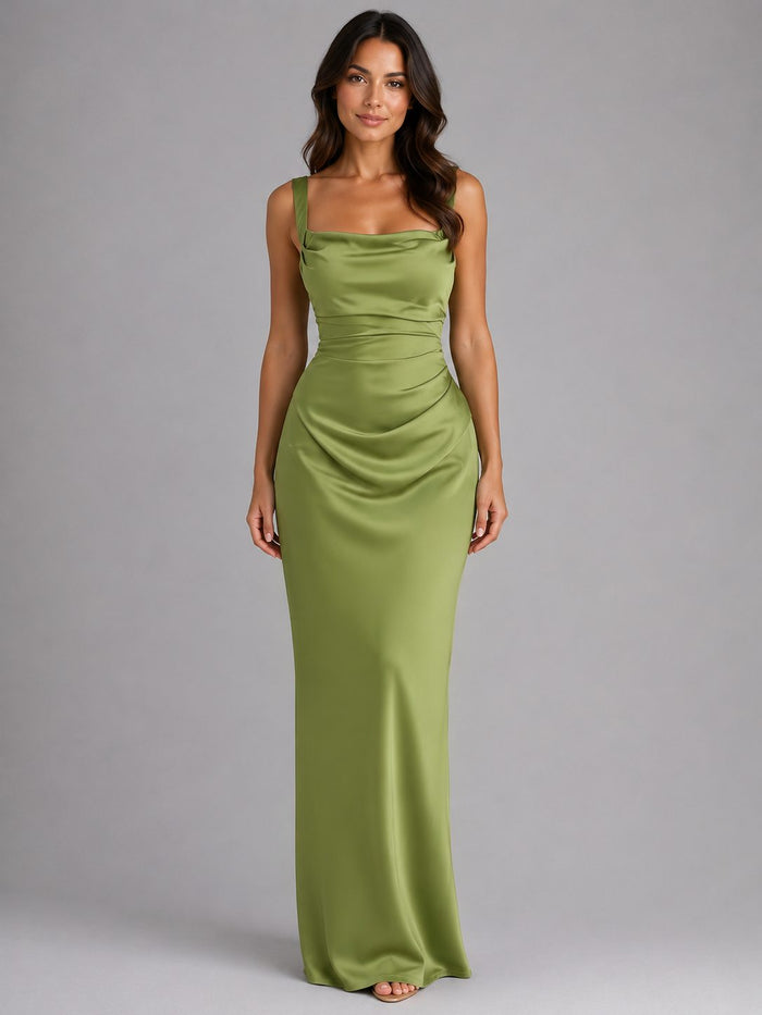 Women's Satin Cowl-Neck Maxi Dress with Ruching and Lace-Up Back - Maisie London