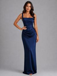 Women's Satin Cowl-Neck Maxi Dress with Ruching and Lace-Up Back - Maisie London