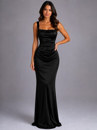 Women's Satin Cowl-Neck Maxi Dress with Ruching and Lace-Up Back - Maisie London