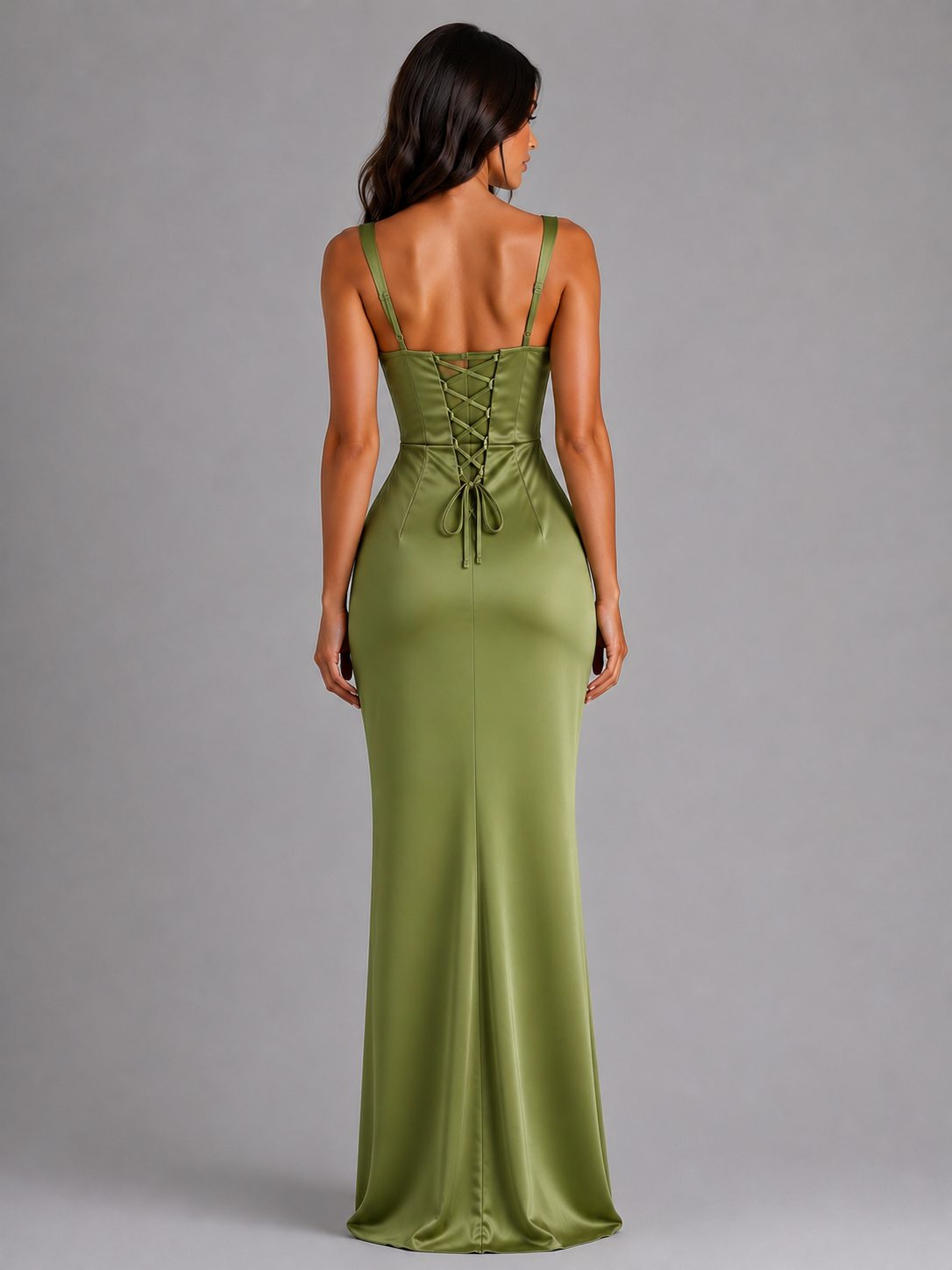 Women's Satin Cowl-Neck Maxi Dress with Ruching and Lace-Up Back - Maisie London