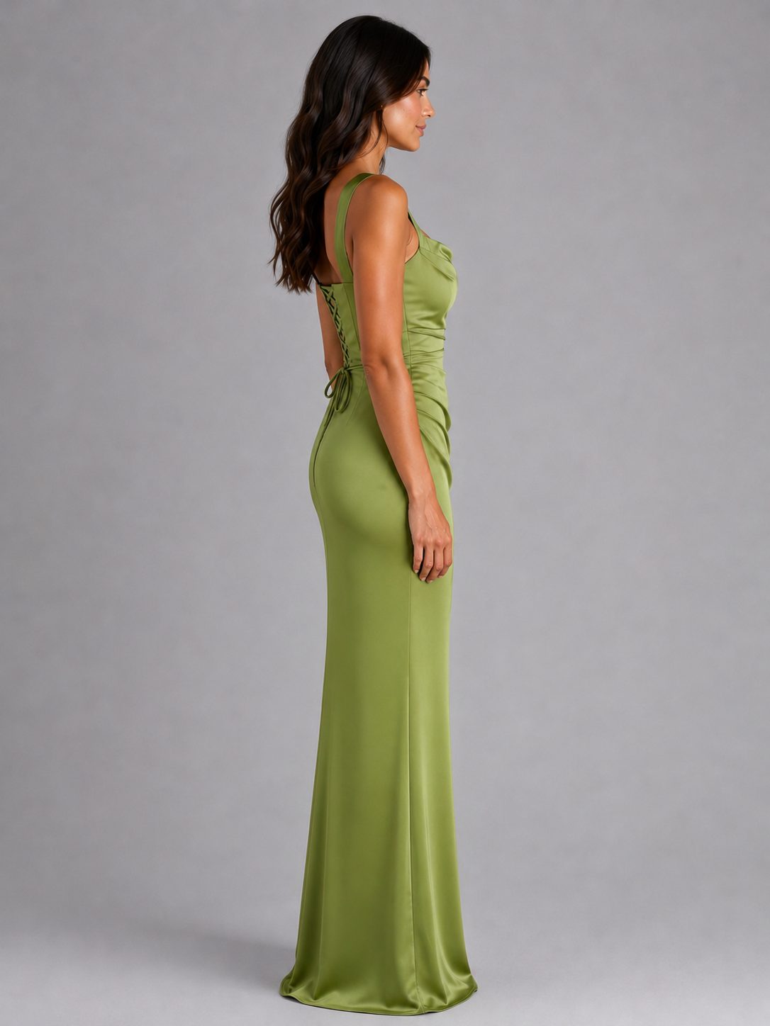 Women's Satin Cowl-Neck Maxi Dress with Ruching and Lace-Up Back - Maisie London