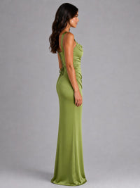 Women's Satin Cowl-Neck Maxi Dress with Ruching and Lace-Up Back - Maisie London